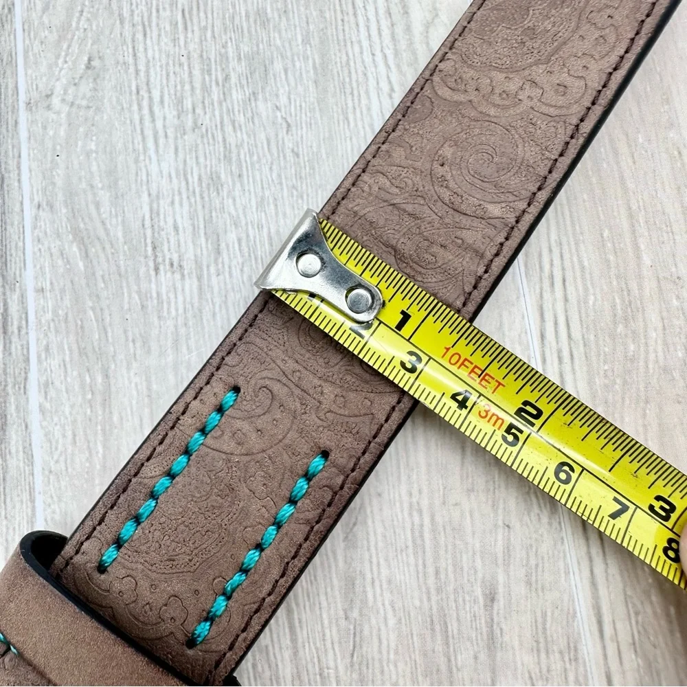 Robert Graham Men’s Brown Paisley Tooled Embossed Teal Stitch Belt | Size 32